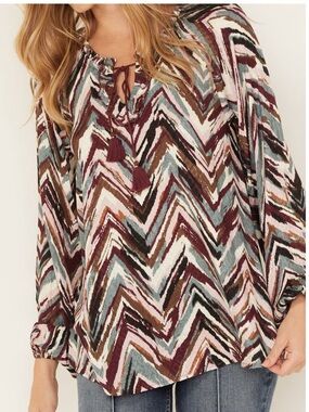 Shyanne Multicolor Chevron Dobby Peasant Blouse with Tassel Tie